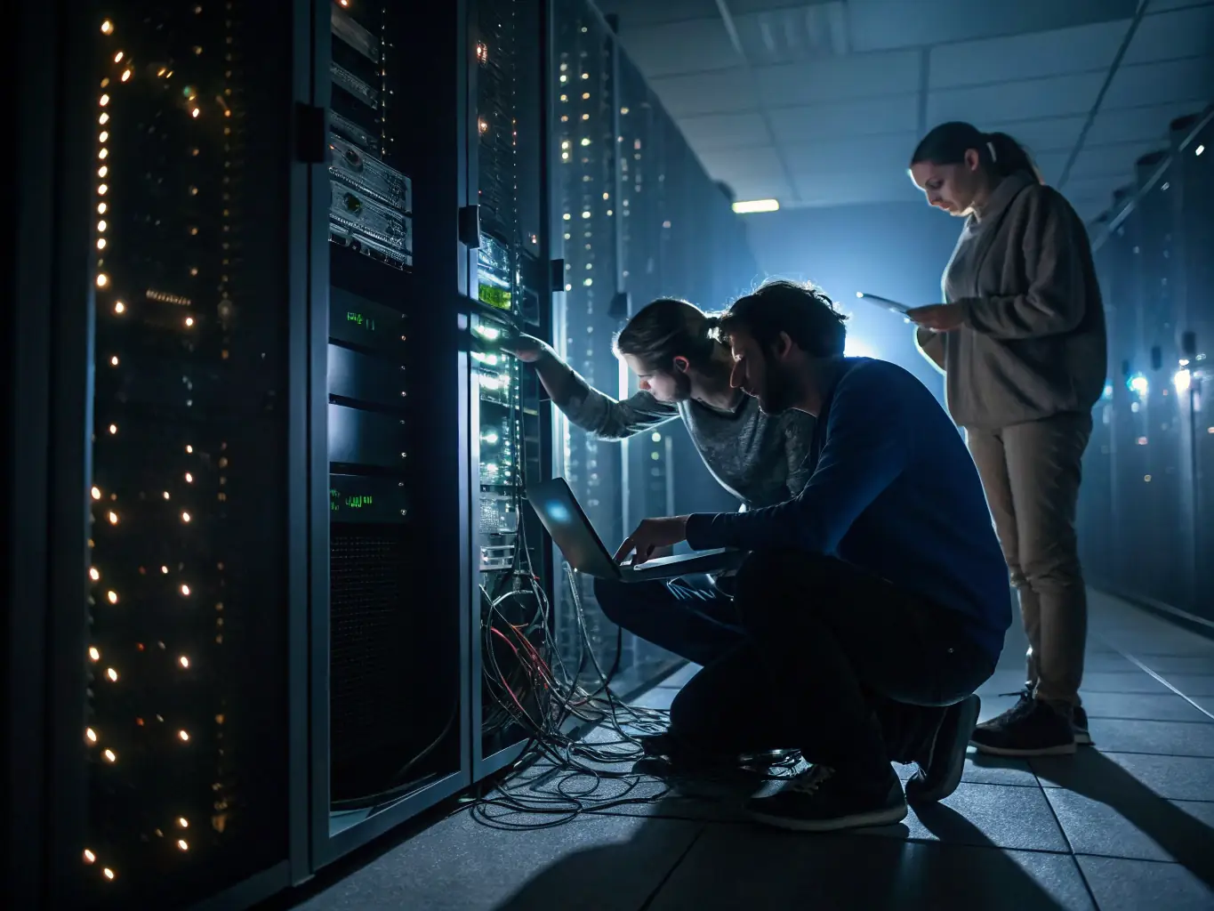 A team of engineers setting up network equipment in a server room, representing Tactical Minds' network design and implementation service.
