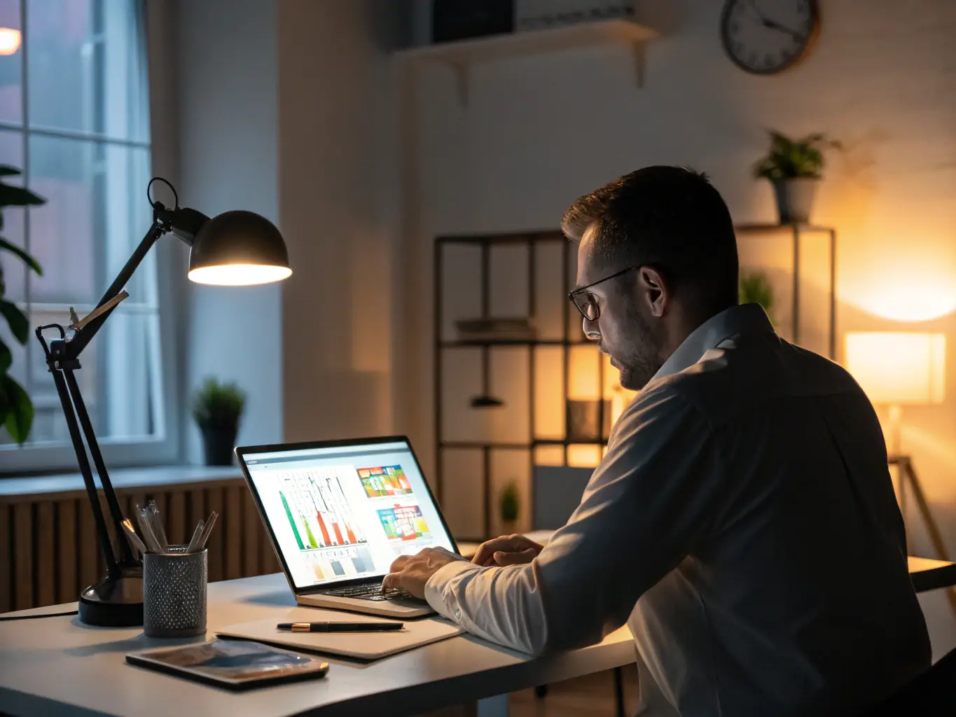 A consultant reviewing performance metrics on a computer screen, representing Tactical Minds' performance evaluation service.